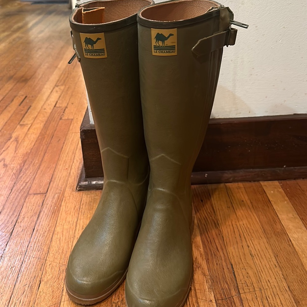 Le Chameau Neoprene Green Round Toe Side Zip Boots Size 38.